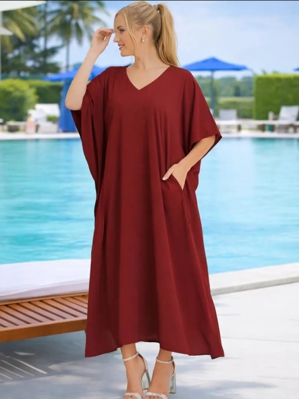 V-Neck Burgundy Kaftab Dress with Pockets. - Picture 9 of 11